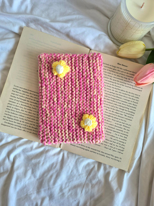 Small pink & yellow knitted Kindle sleeve with yellow flowers