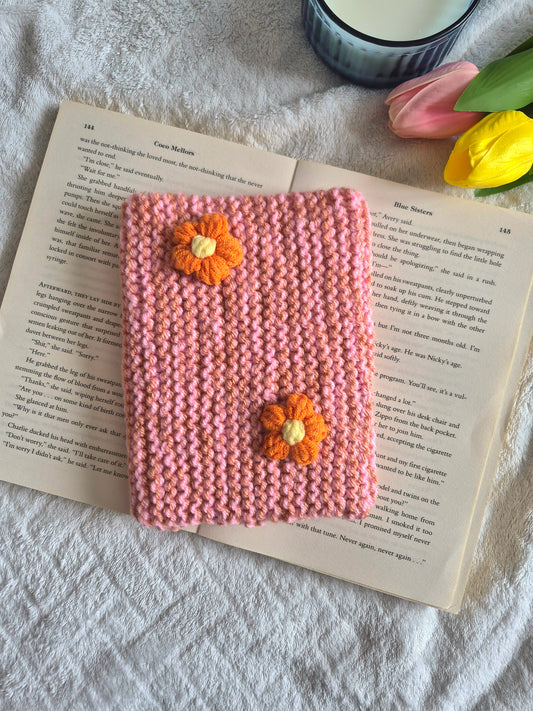 Large pink & burnt orange knitted Kindle sleeve with orange flowers