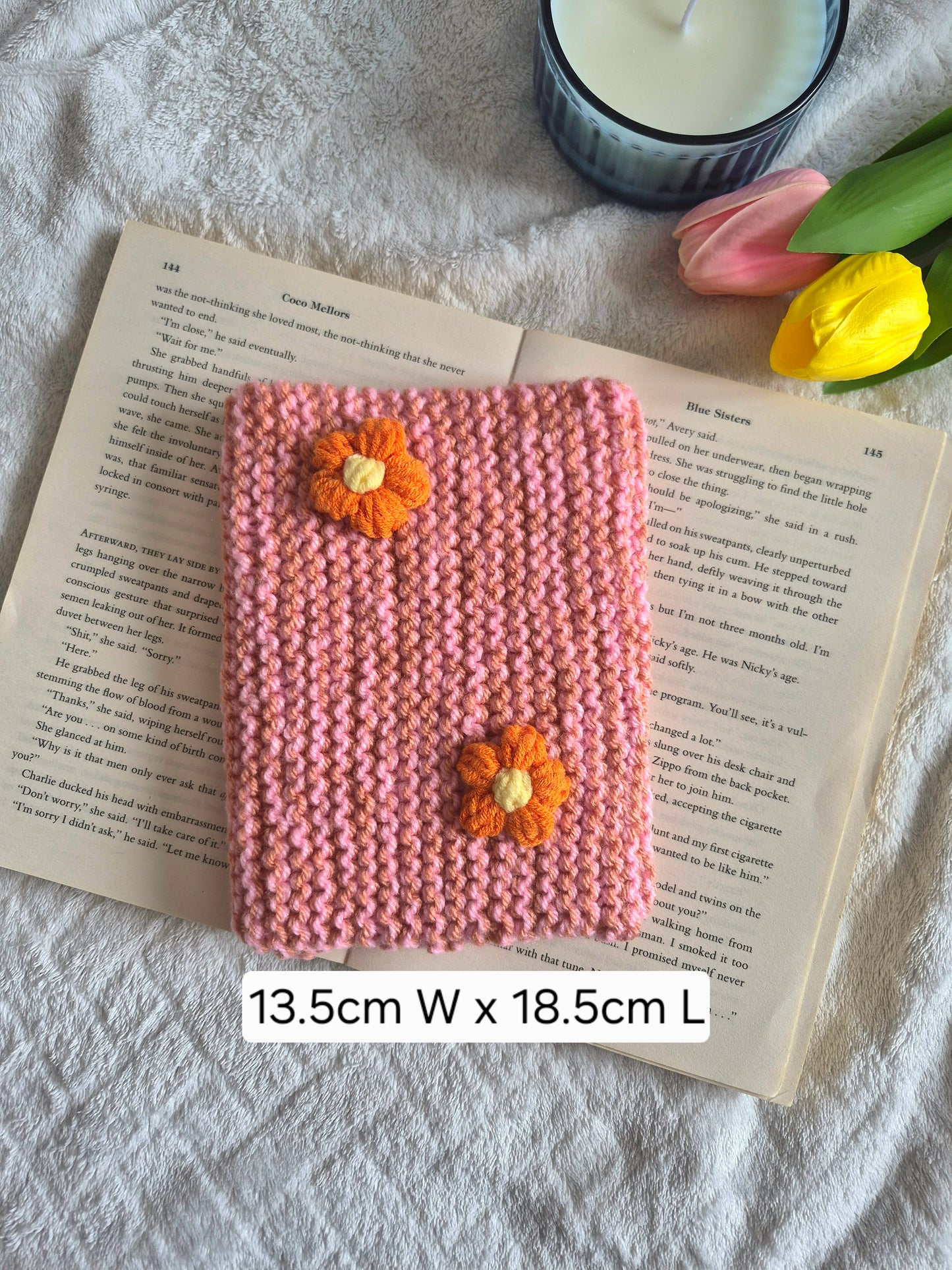 Large pink & burnt orange knitted Kindle sleeve with orange flowers