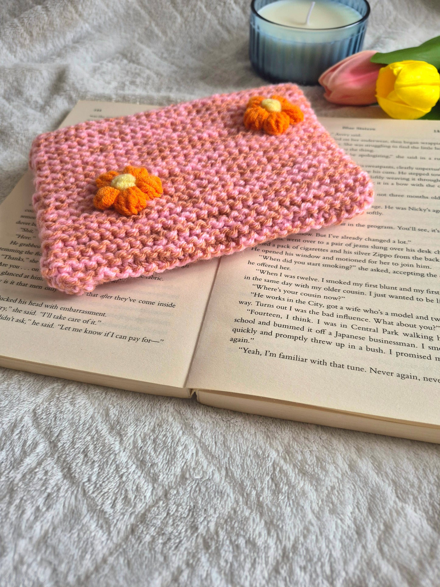 Large pink & burnt orange knitted Kindle sleeve with orange flowers