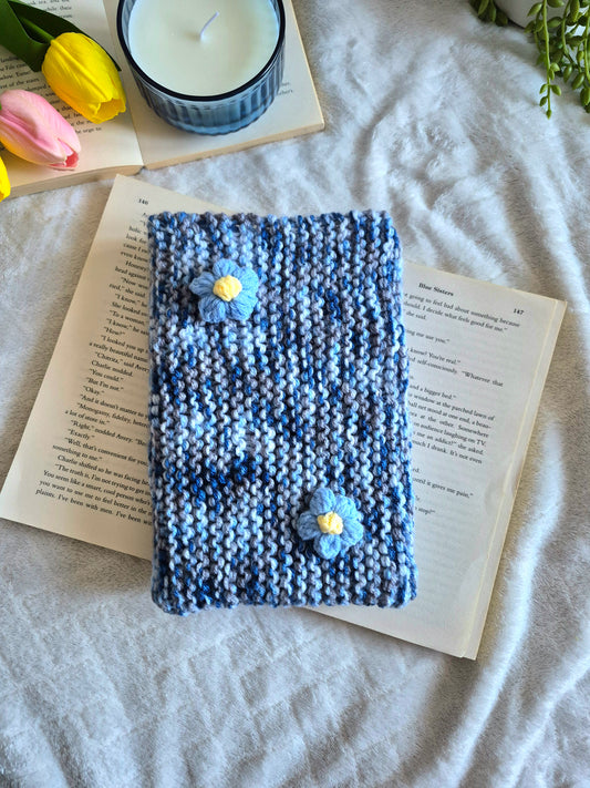 Coastal Blue, white and grey knitted book sleeve
