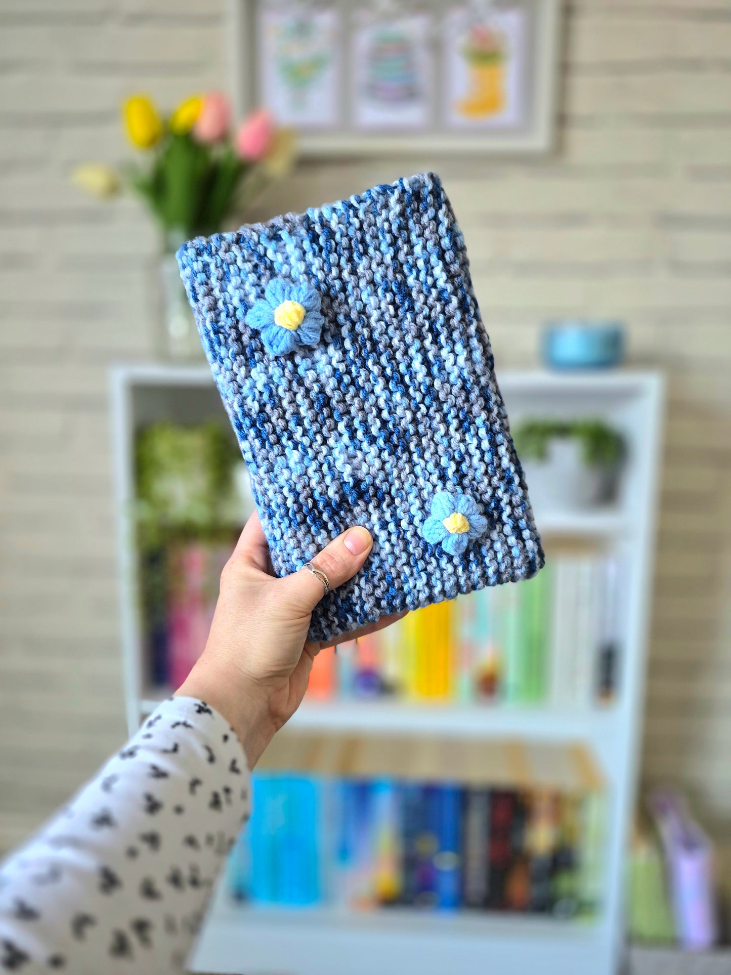 Coastal Blue, white and grey knitted book sleeve