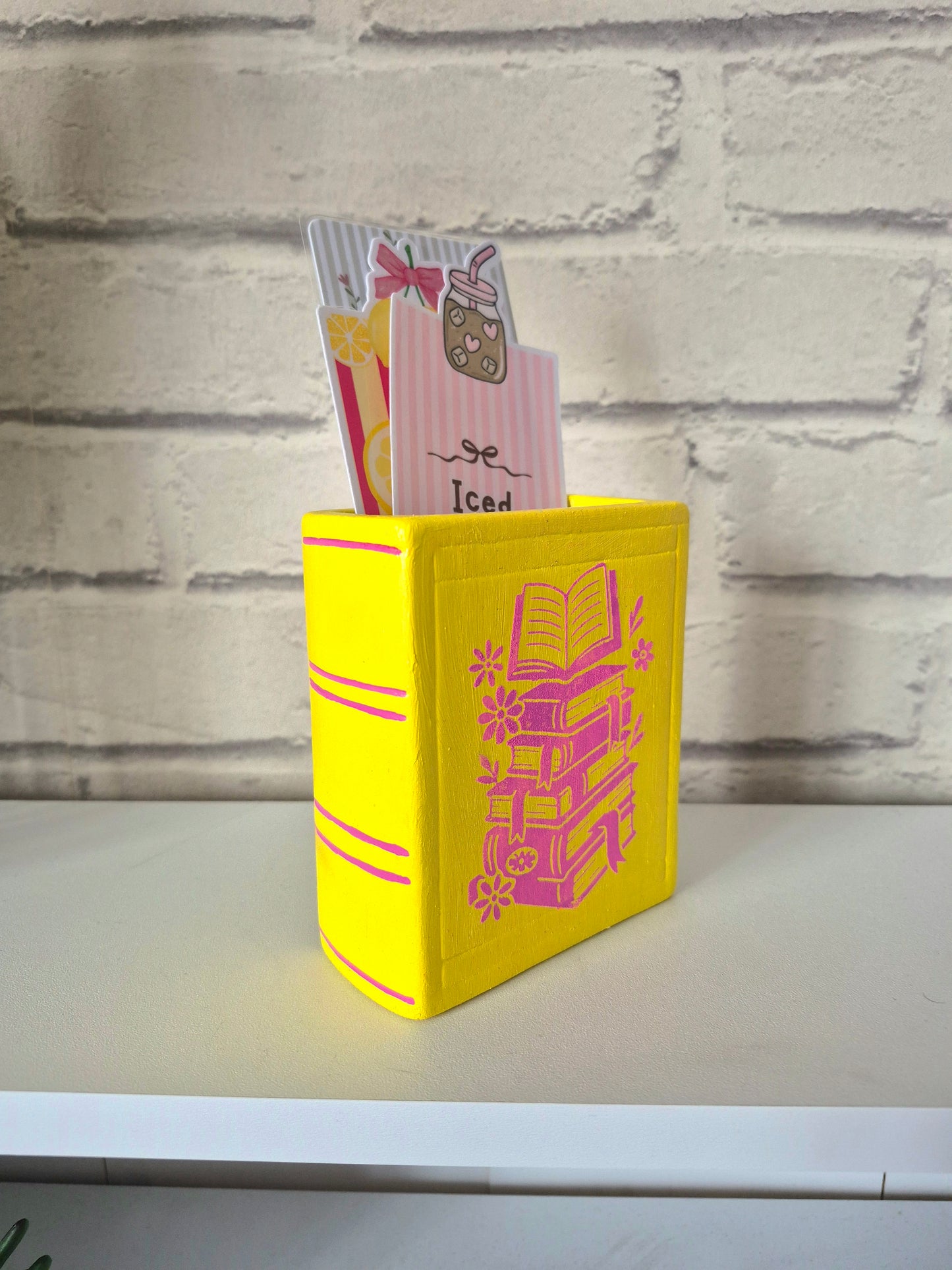 Ceramic bookmark holder - Hand painted yellow and pink book themed gift