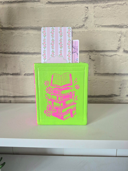 Ceramic bookmark holder - Hand painted green and pink book themed gift