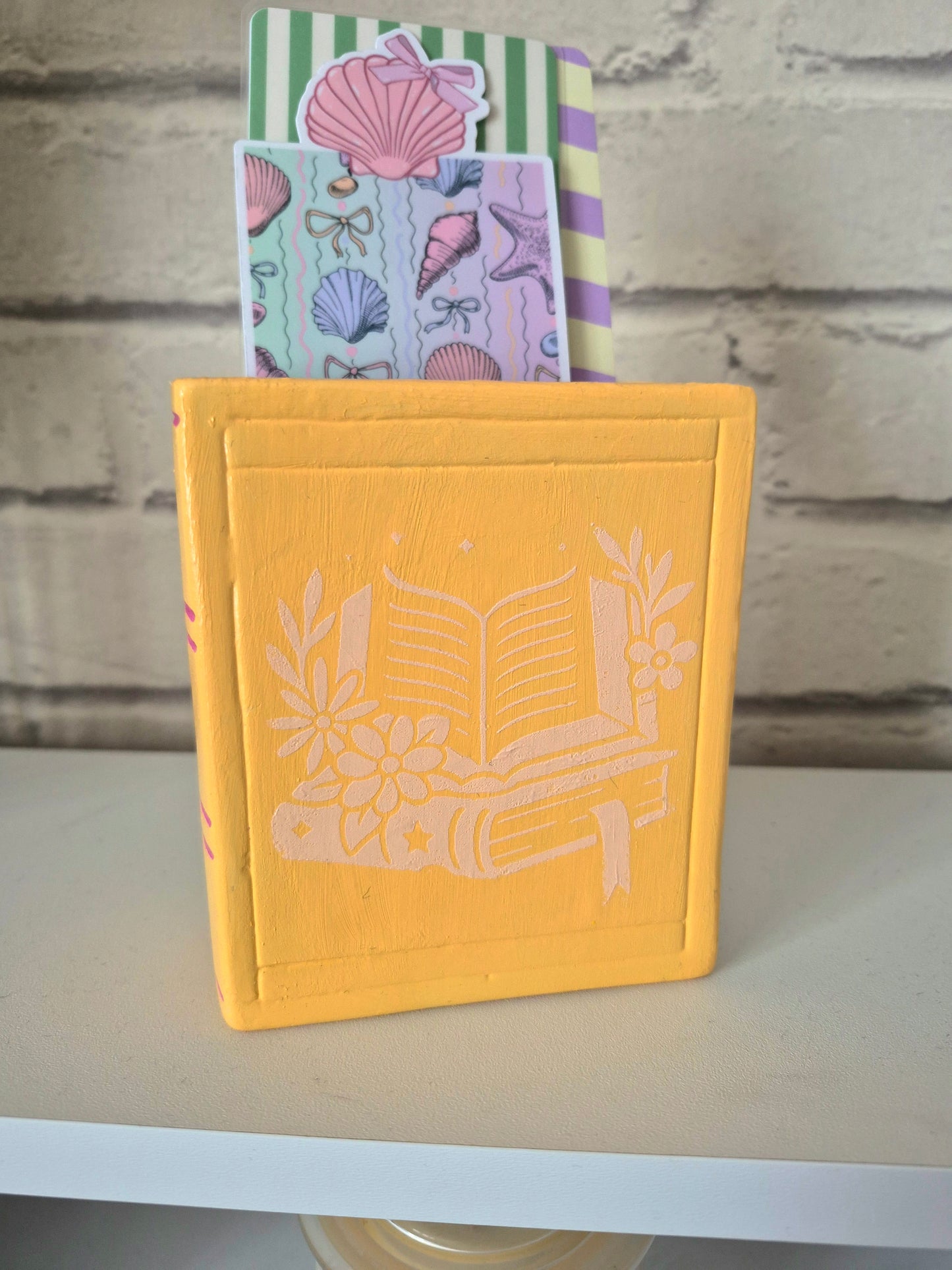 Ceramic bookmark holder - Hand painted orange and pale pink book themed gift