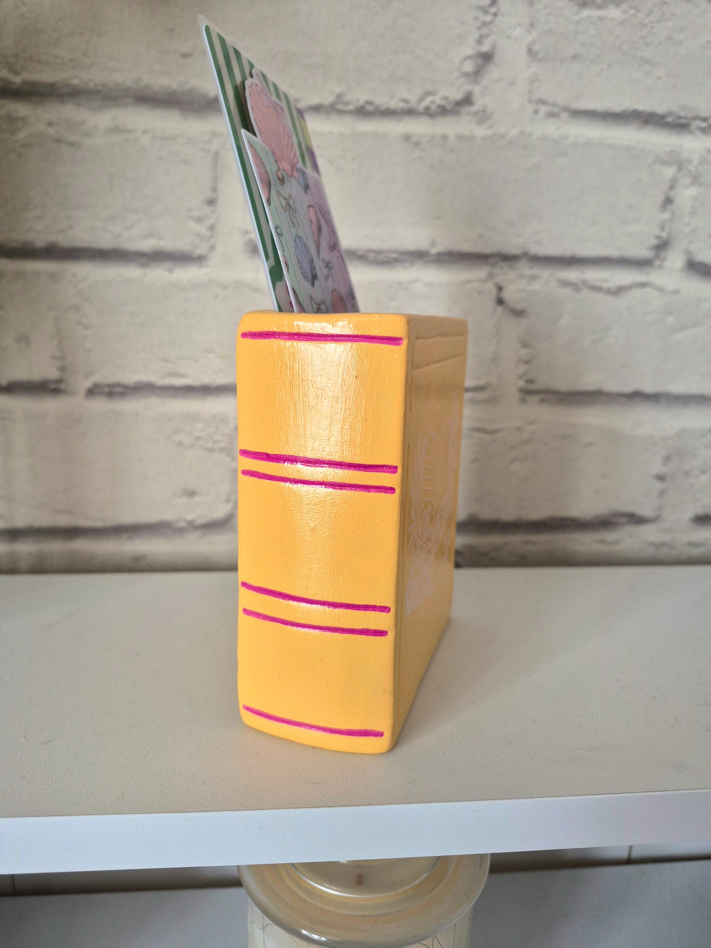 Ceramic bookmark holder - Hand painted orange and pale pink book themed gift