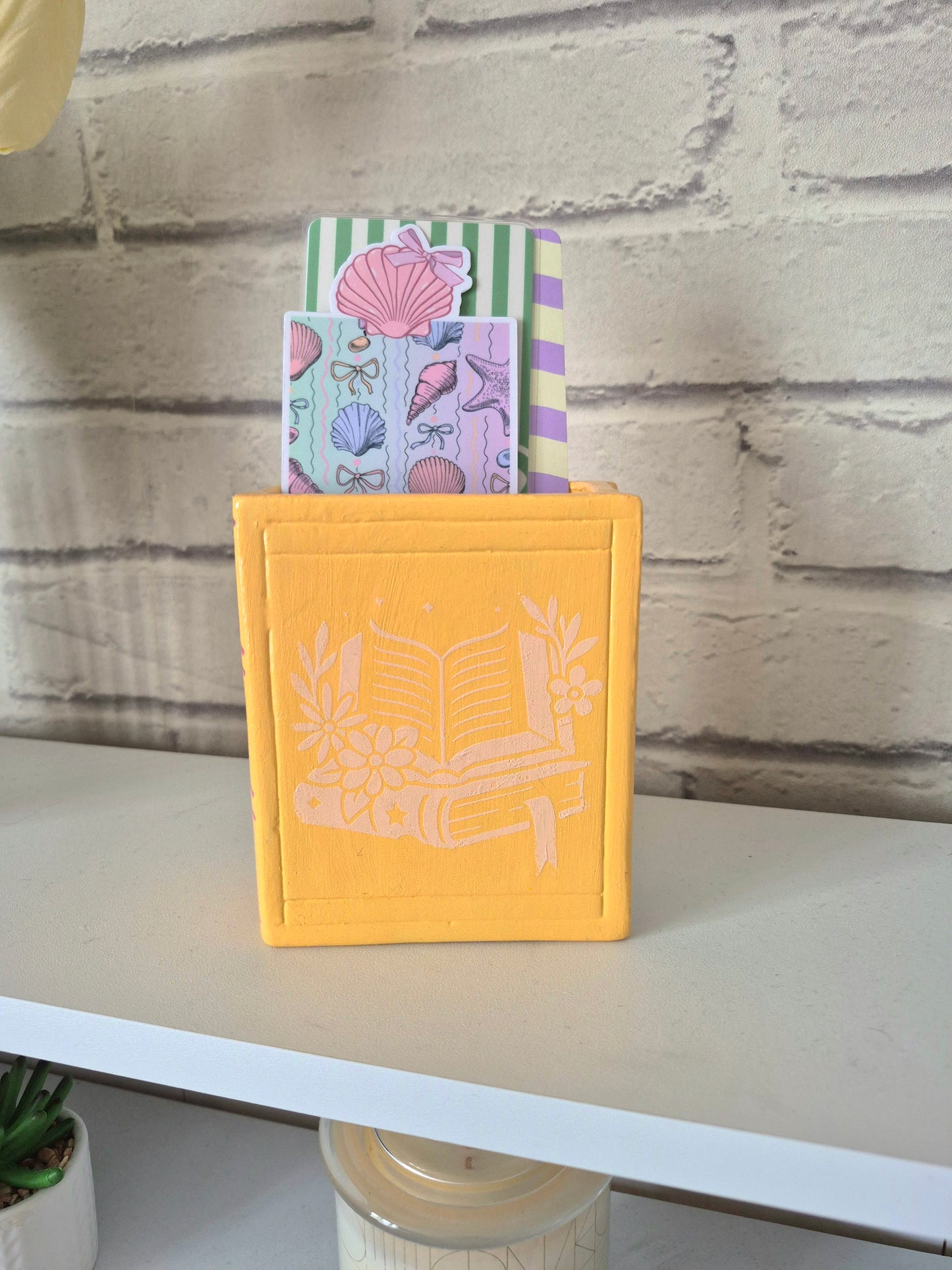Ceramic bookmark holder - Hand painted orange and pale pink book themed gift