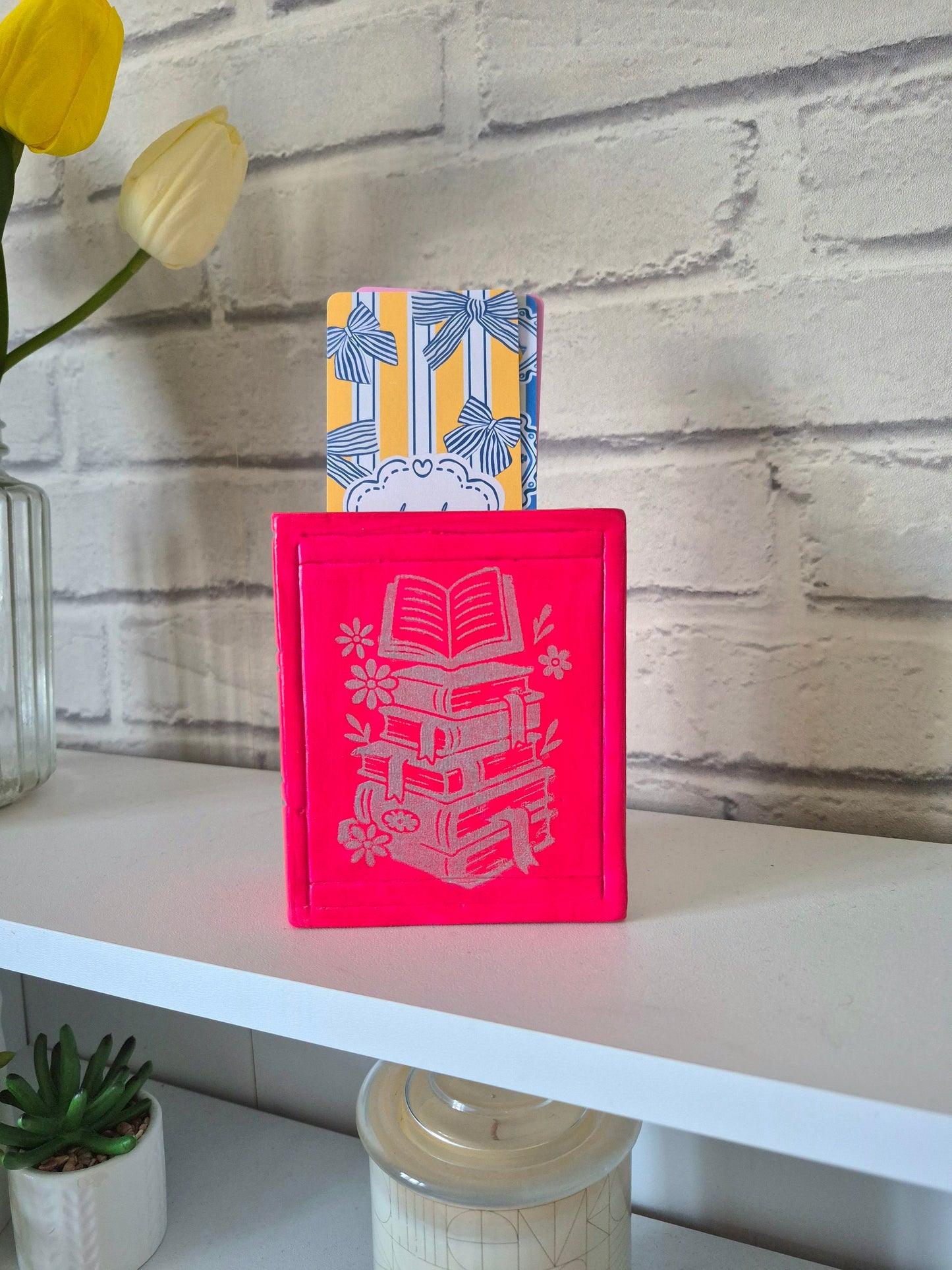 Ceramic bookmark holder - Hand painted dark pink and silver book themed gift