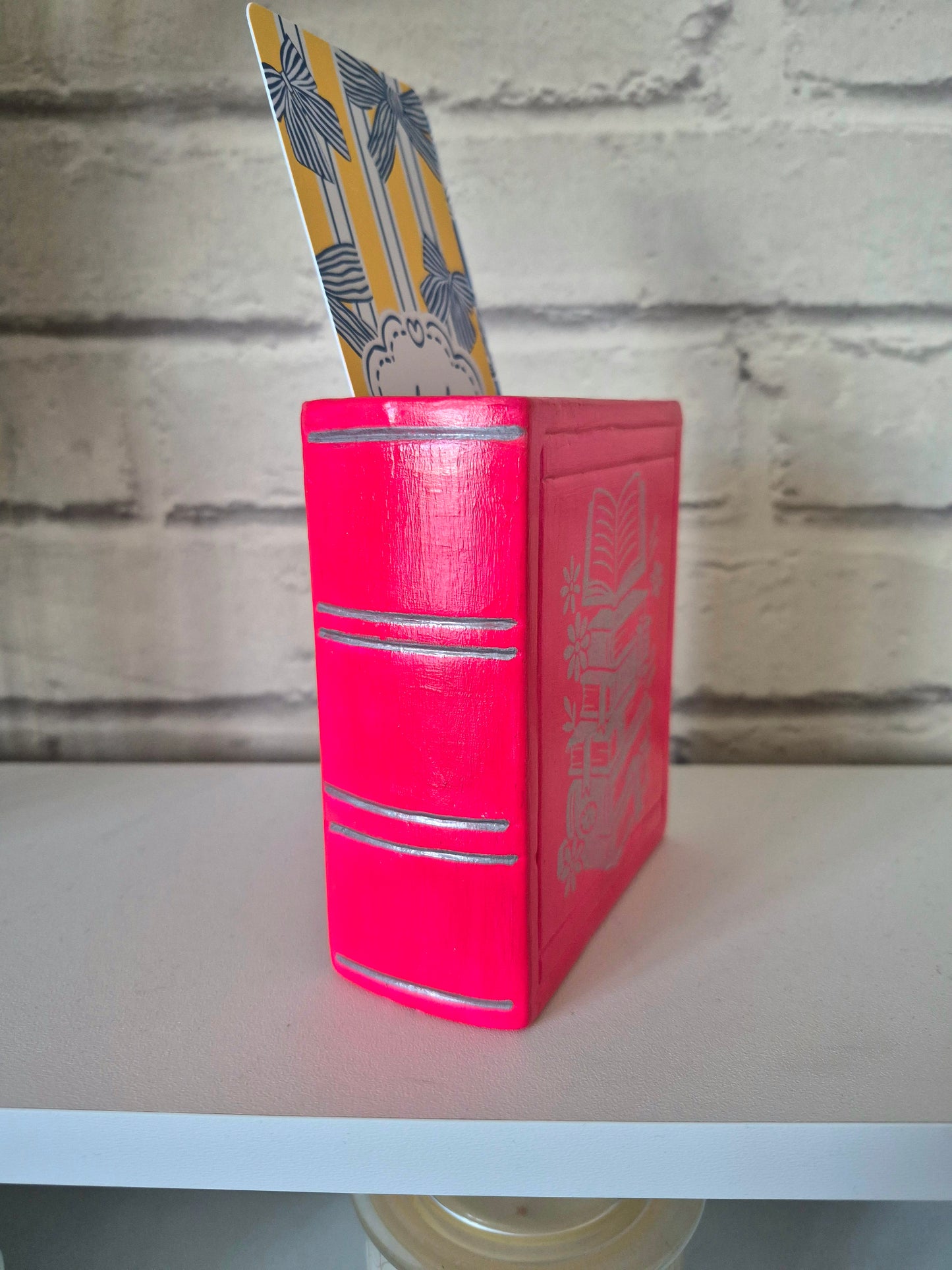 Ceramic bookmark holder - Hand painted dark pink and silver book themed gift