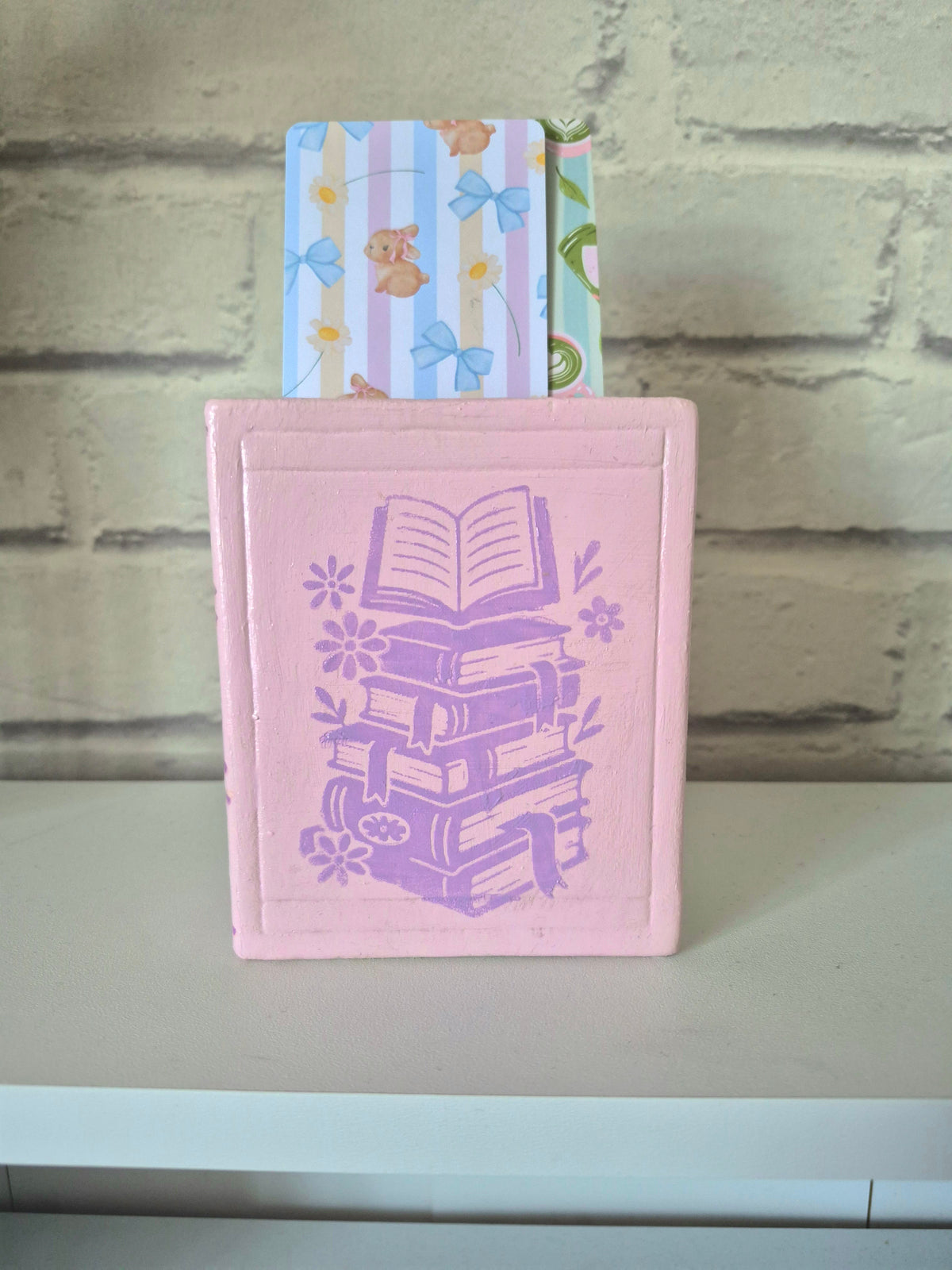 Ceramic bookmark holder - Hand painted pastel pink and purple book themed gift