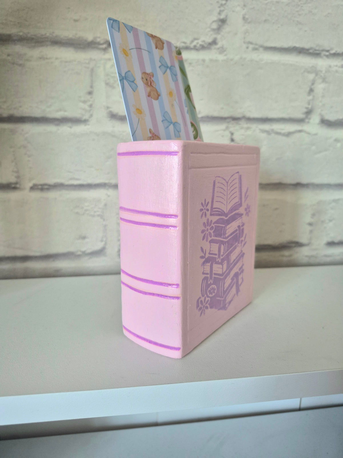 Ceramic bookmark holder - Hand painted pastel pink and purple book themed gift