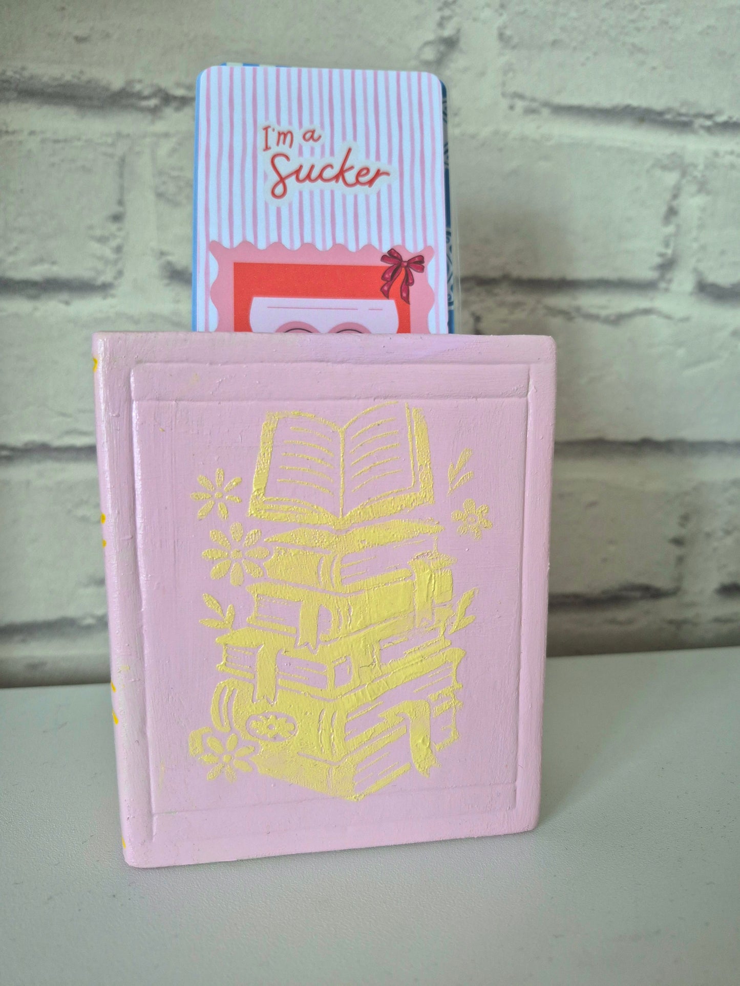 Oops! Ceramic bookmark holder - Hand painted pink and yellow book themed gift