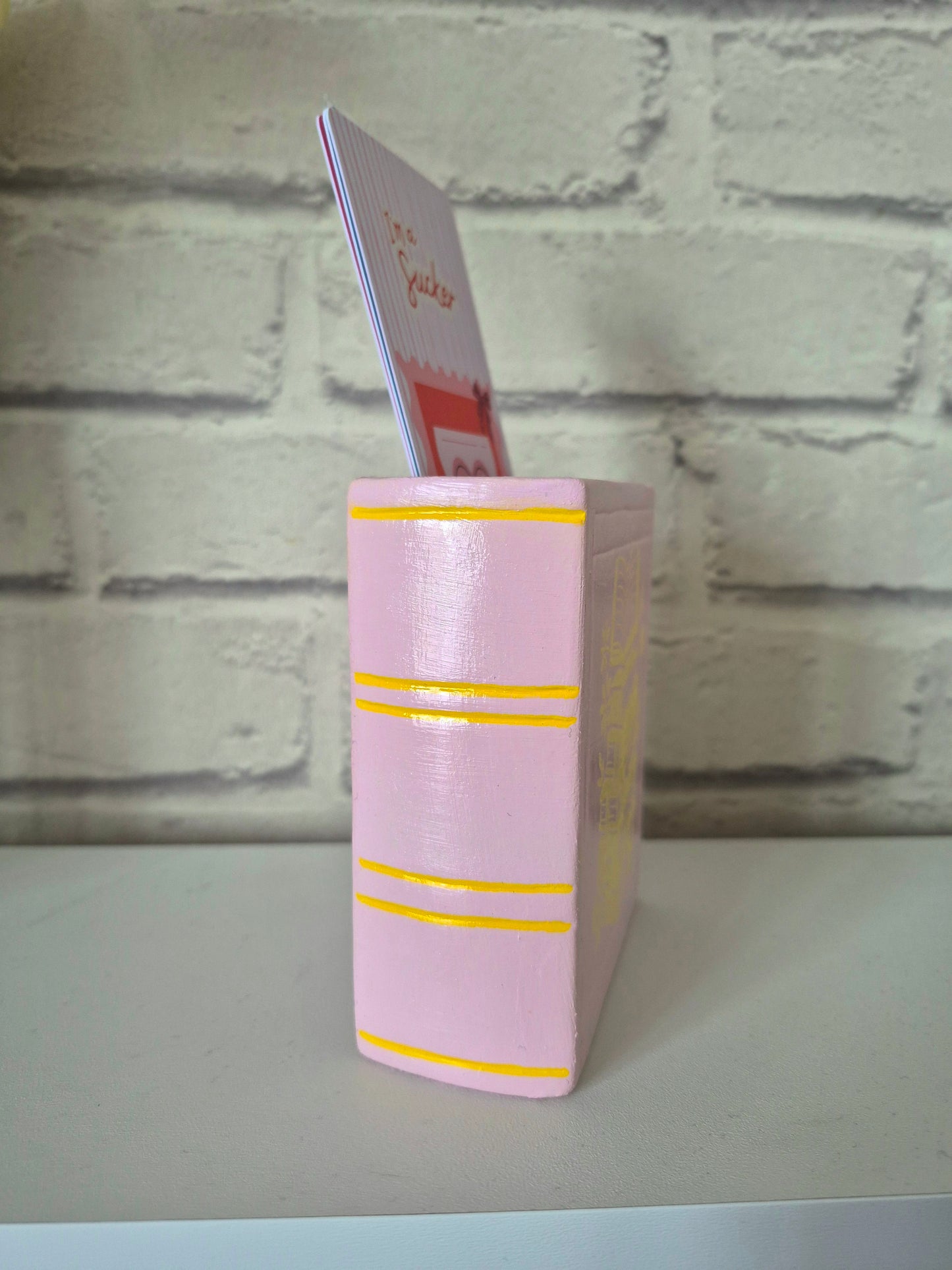 Oops! Ceramic bookmark holder - Hand painted pink and yellow book themed gift