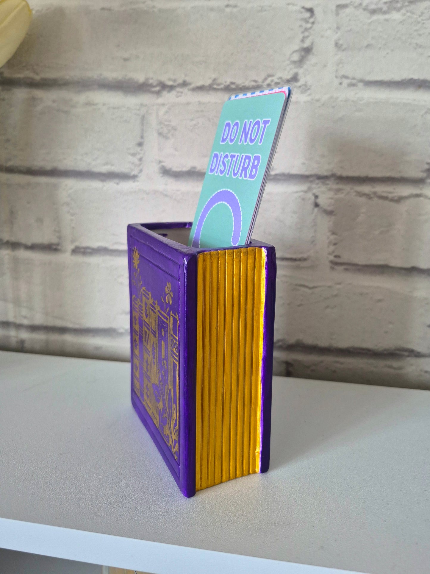 Ceramic bookmark holder - Hand painted purple & gold book themed gift. Gold edge pages
