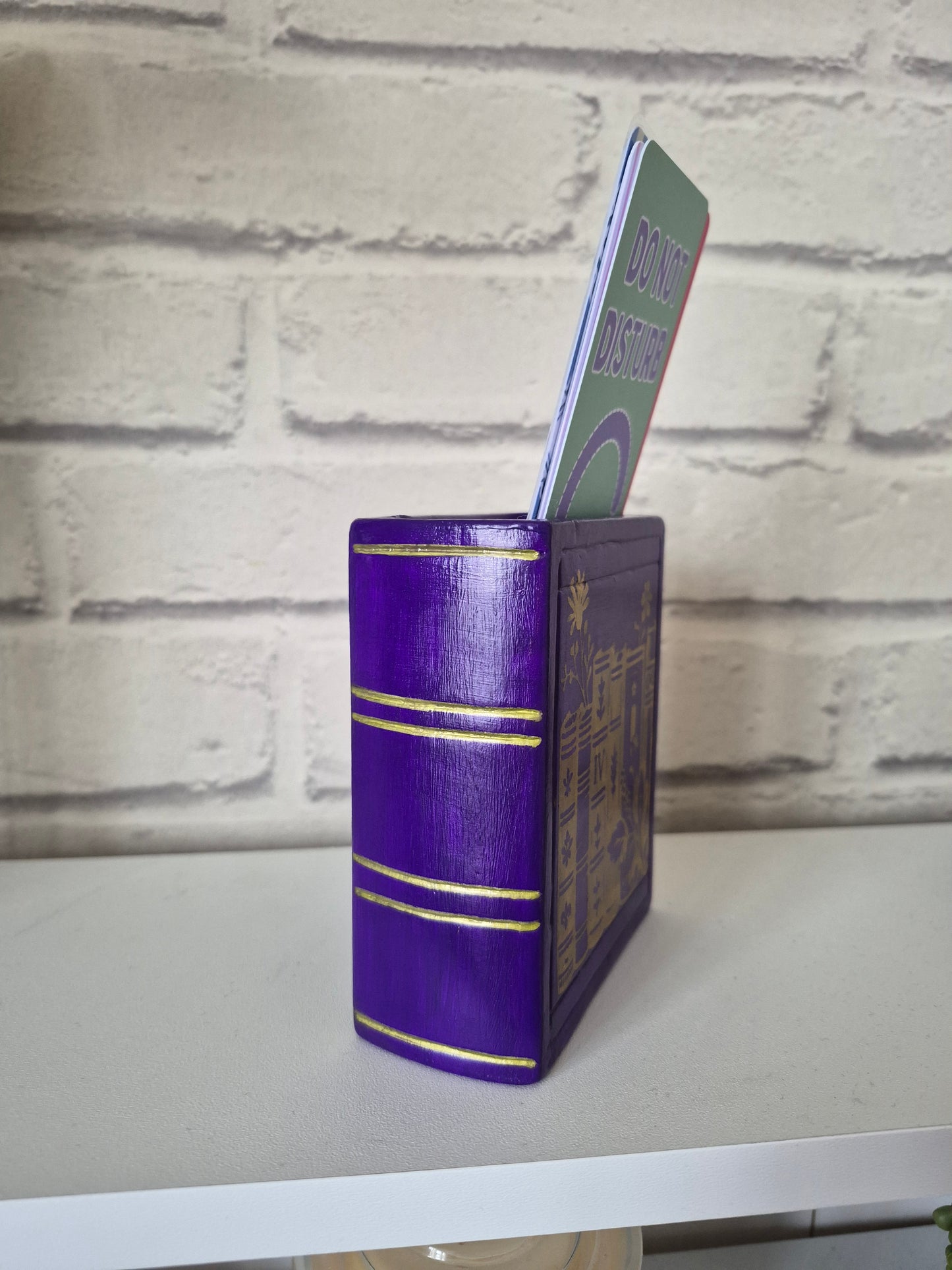 Ceramic bookmark holder - Hand painted purple & gold book themed gift. Gold edge pages