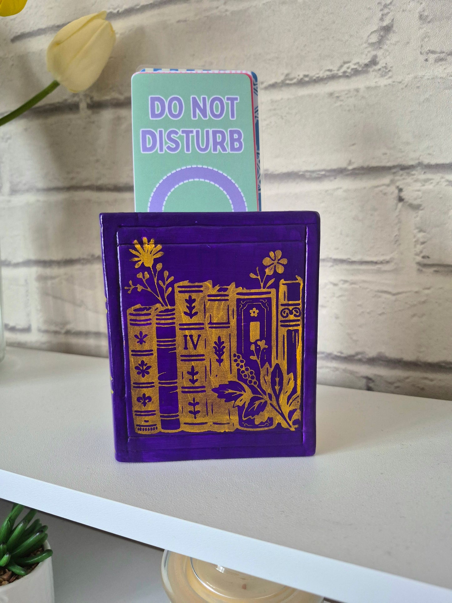 Ceramic bookmark holder - Hand painted purple & gold book themed gift. Gold edge pages