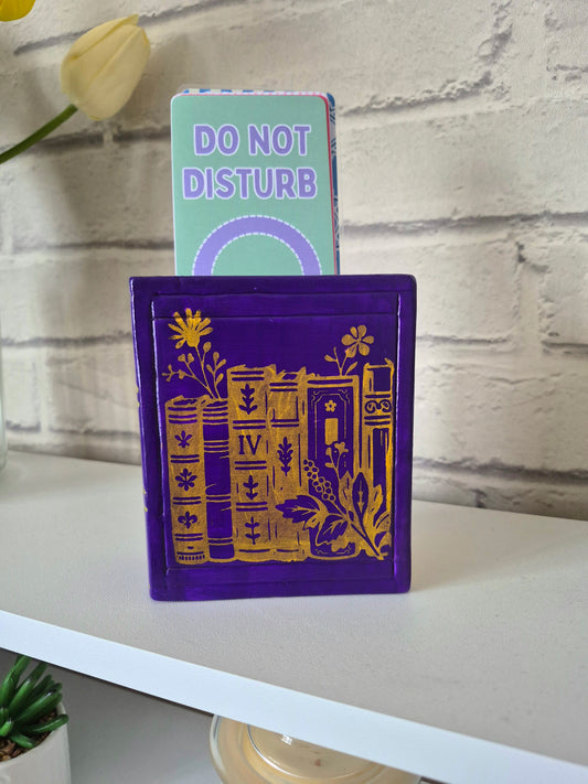Ceramic bookmark holder - Hand painted purple & gold book themed gift. Gold edge pages