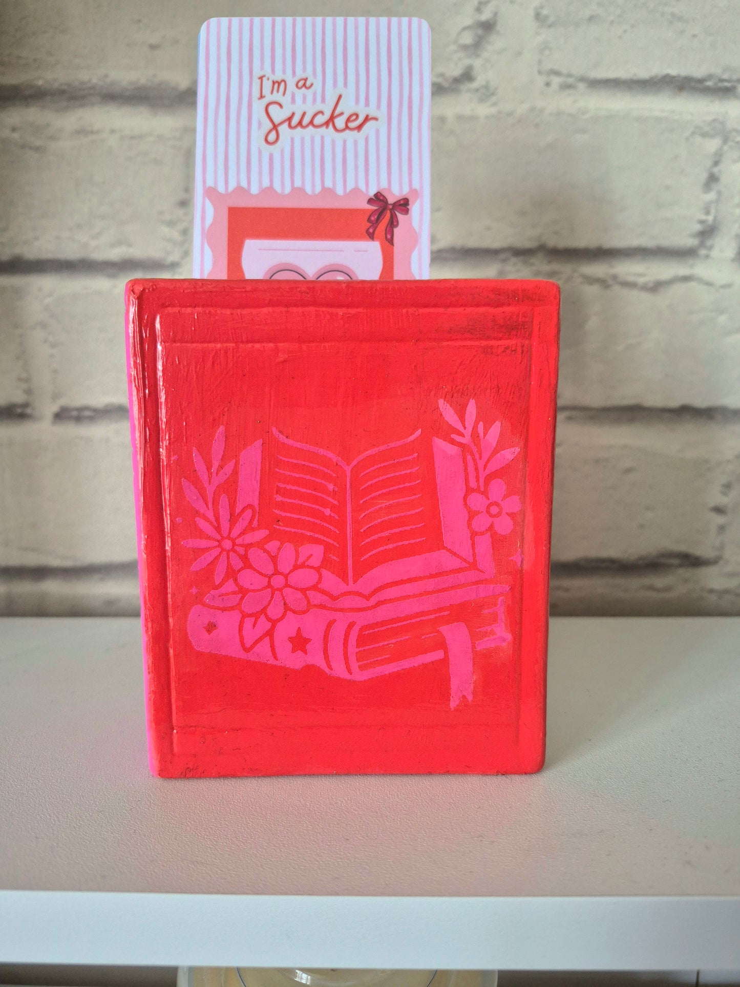 Oops! Ceramic bookmark holder - Hand painted red and pink book themed gift