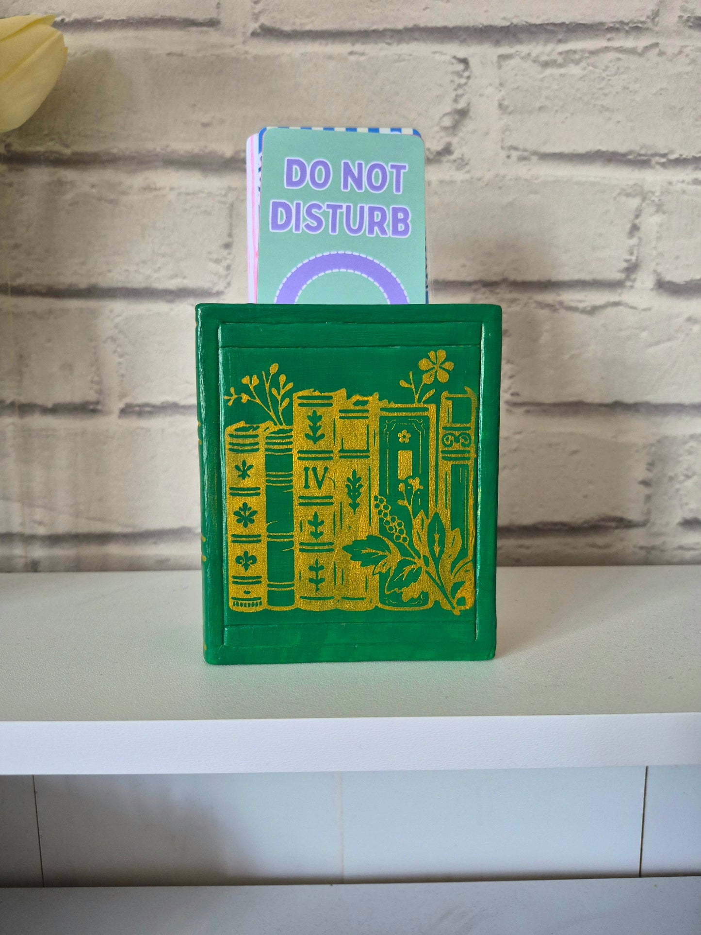Ceramic bookmark holder - Hand painted green & gold book themed gift. Gold edge pages
