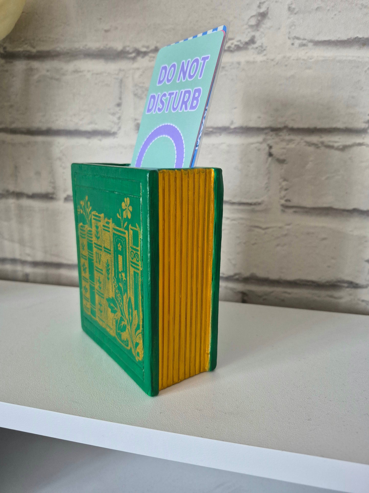 Ceramic bookmark holder - Hand painted green & gold book themed gift. Gold edge pages