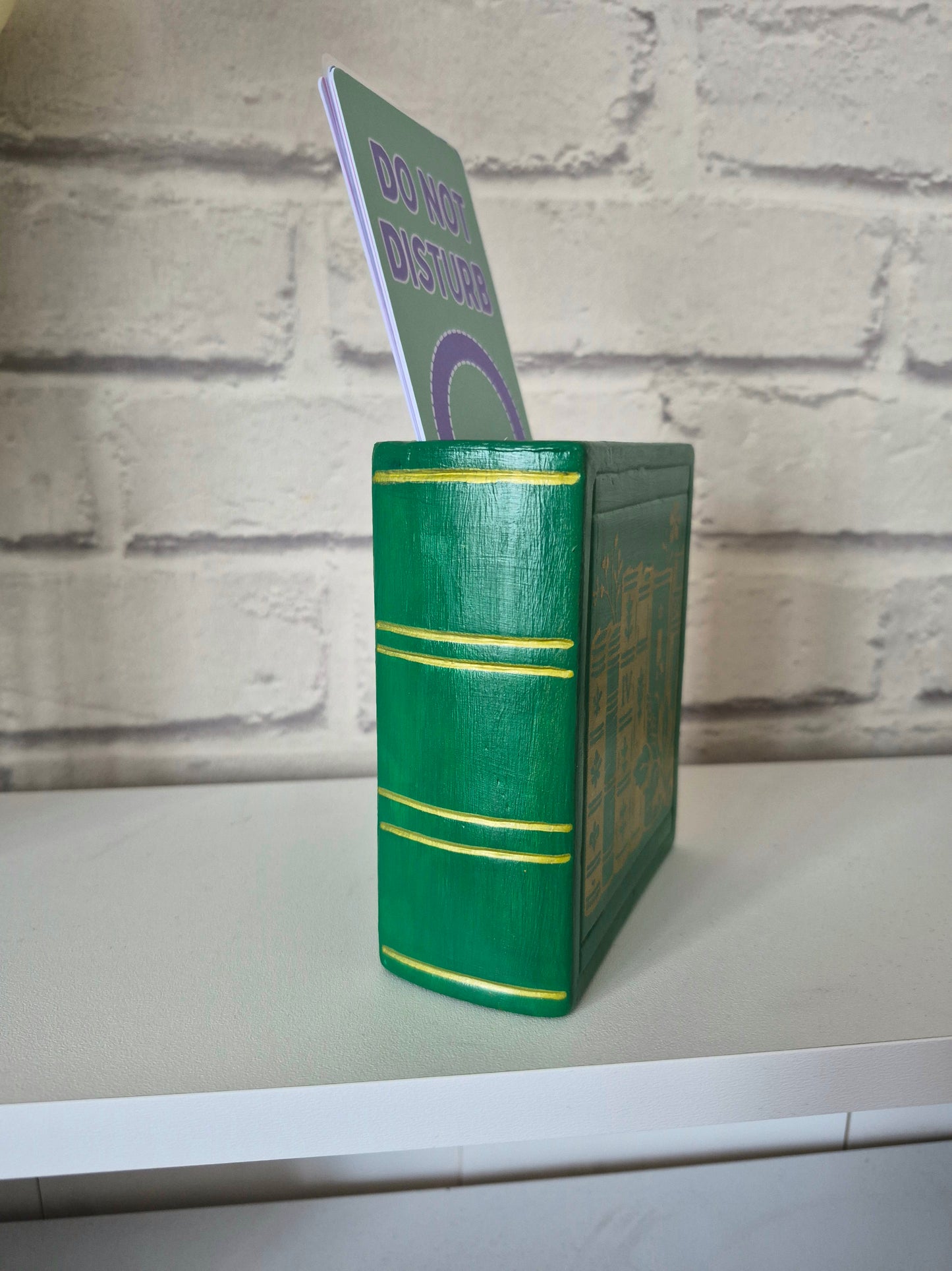 Ceramic bookmark holder - Hand painted green & gold book themed gift. Gold edge pages