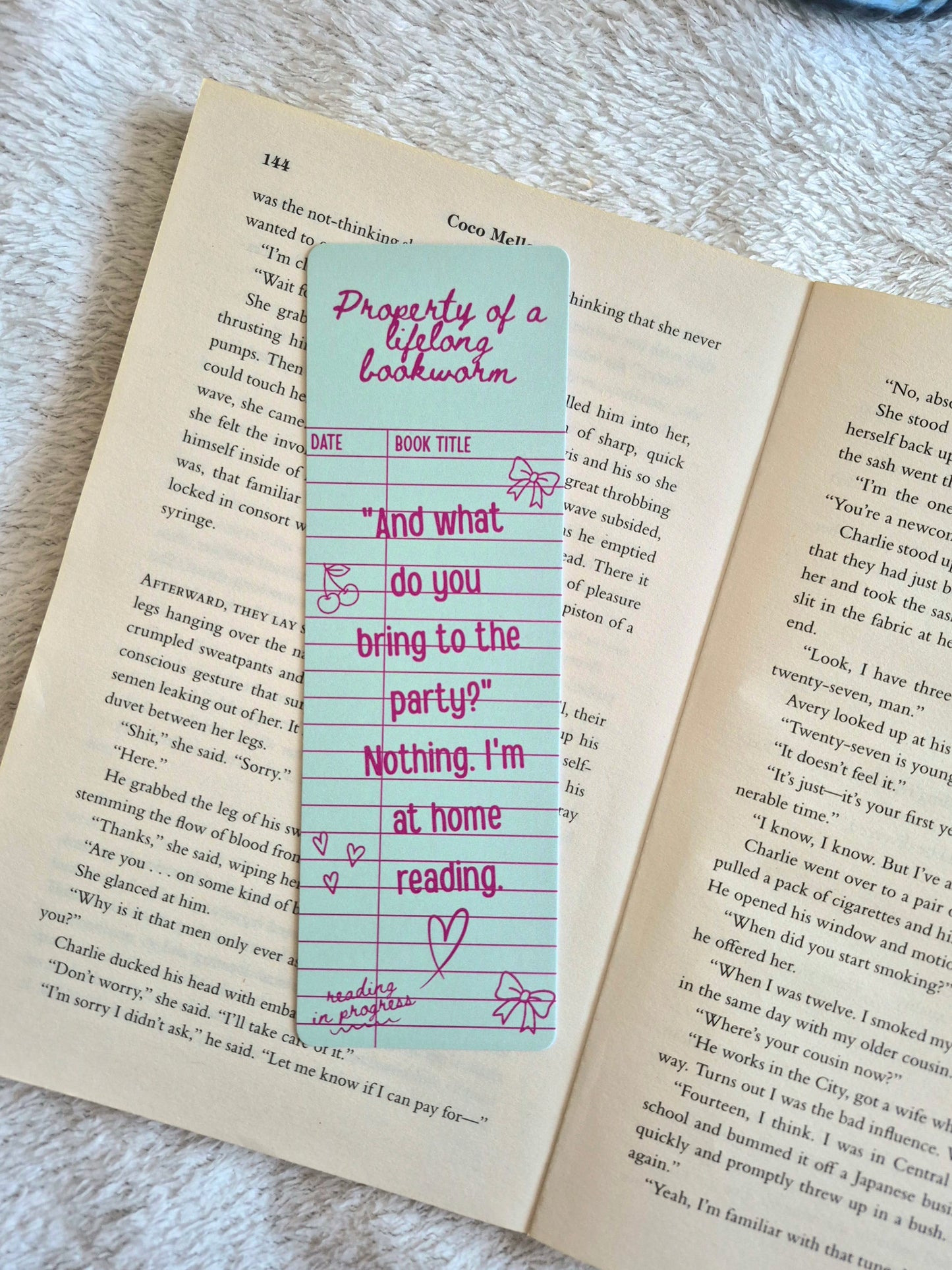 I'm at home reading library card bookmark