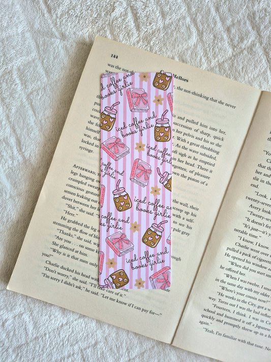 Iced coffee and books girlie bookmark: Double-sided print