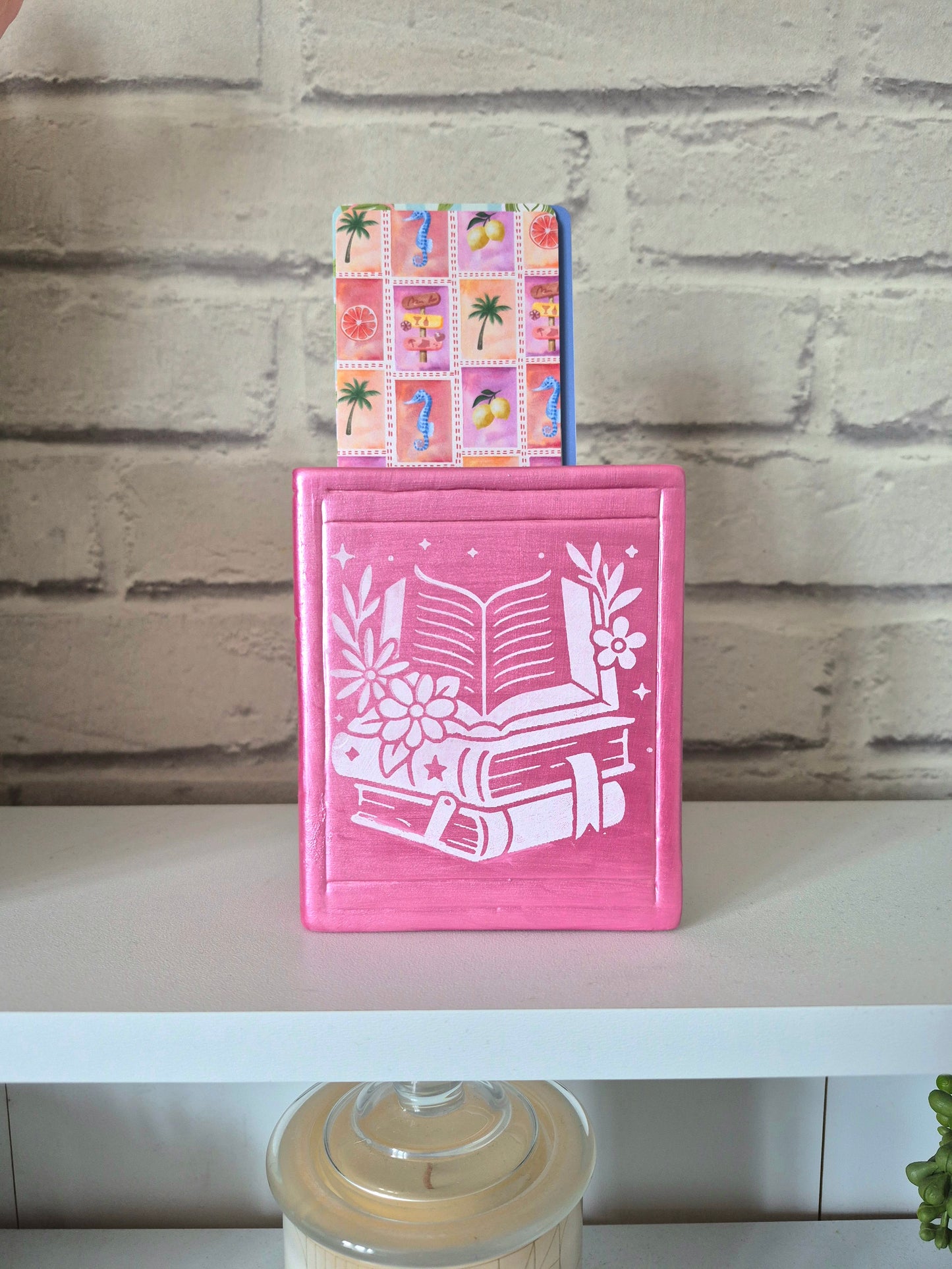 Pink shimmer Ceramic bookmark holder - Hand painted