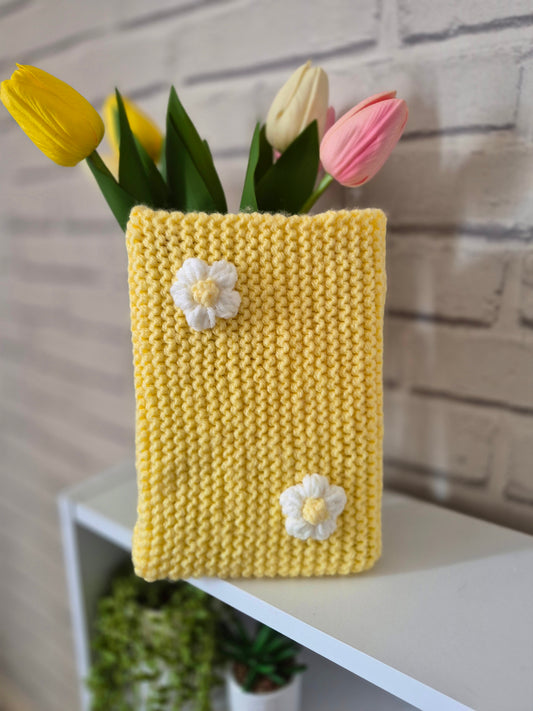 Butter Yellow Knitted book sleeve with white flowers