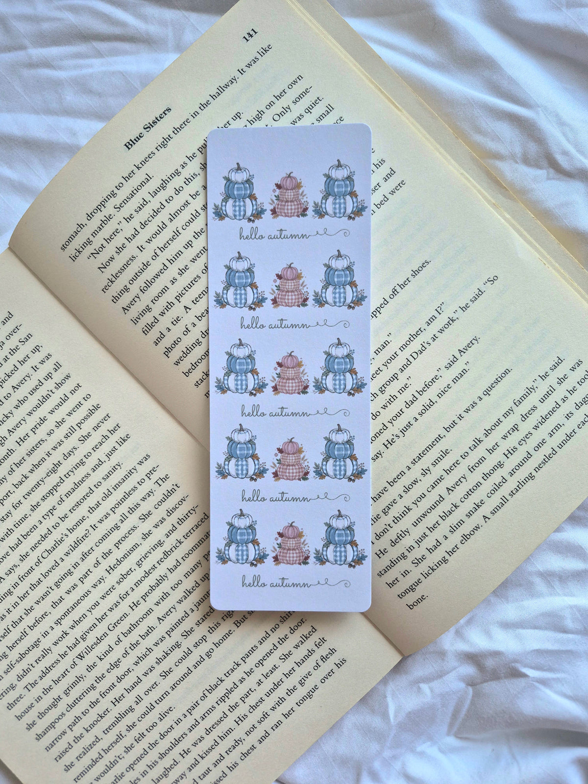 Hello Autumn rustic gingham pumpkins bookmark
