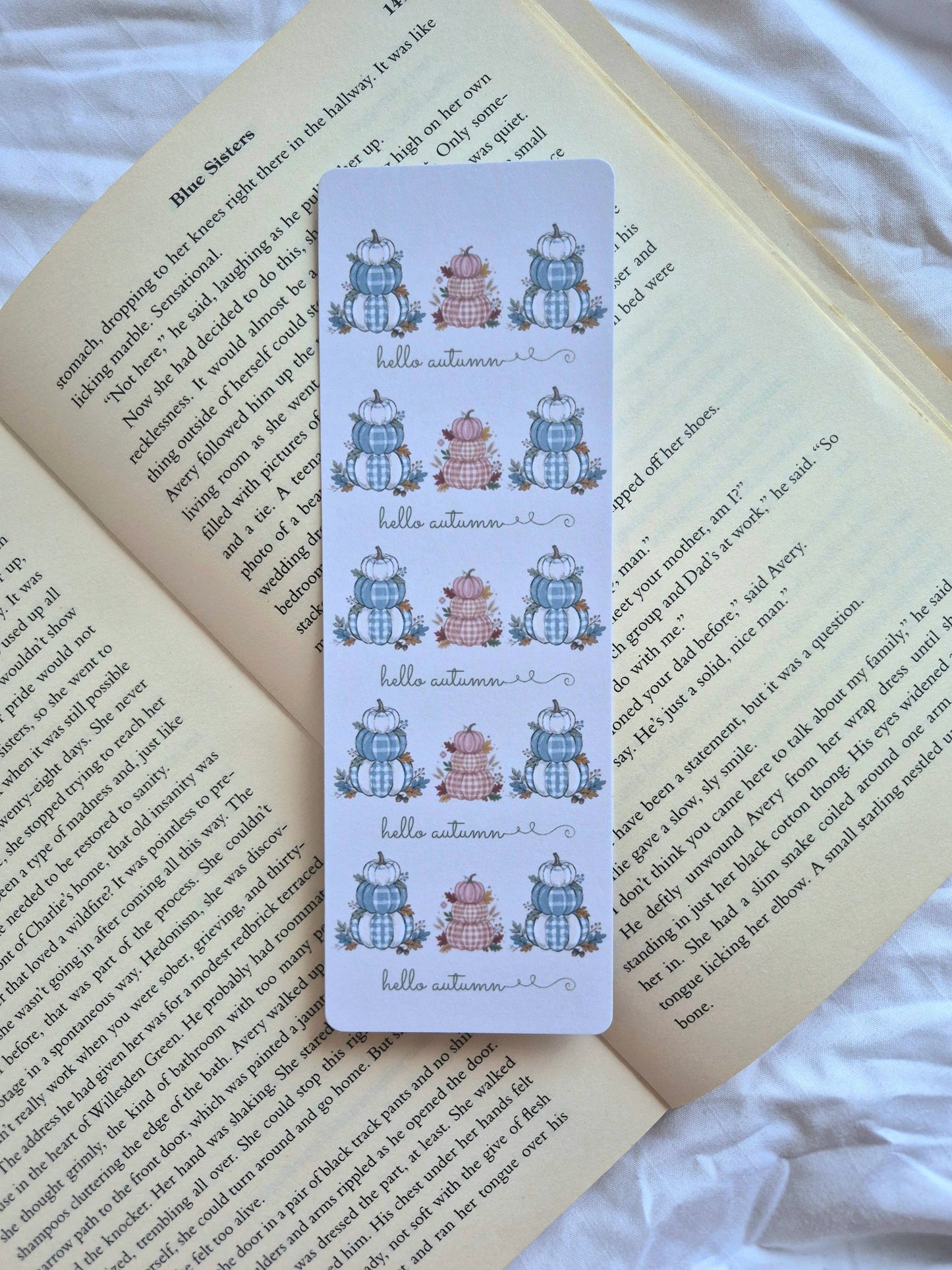 Hello Autumn rustic gingham pumpkins bookmark