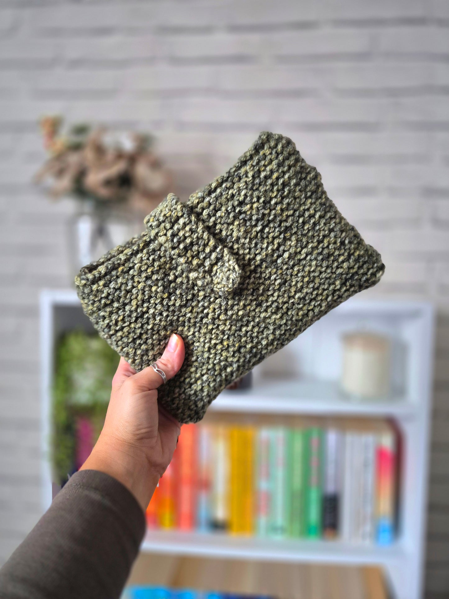 Dark Green autumnal knitted book sleeve