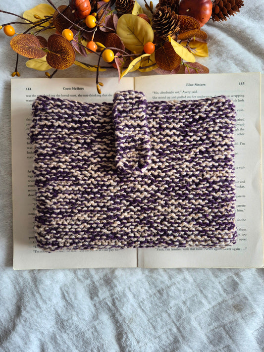 Purple and cream knitted book sleeve