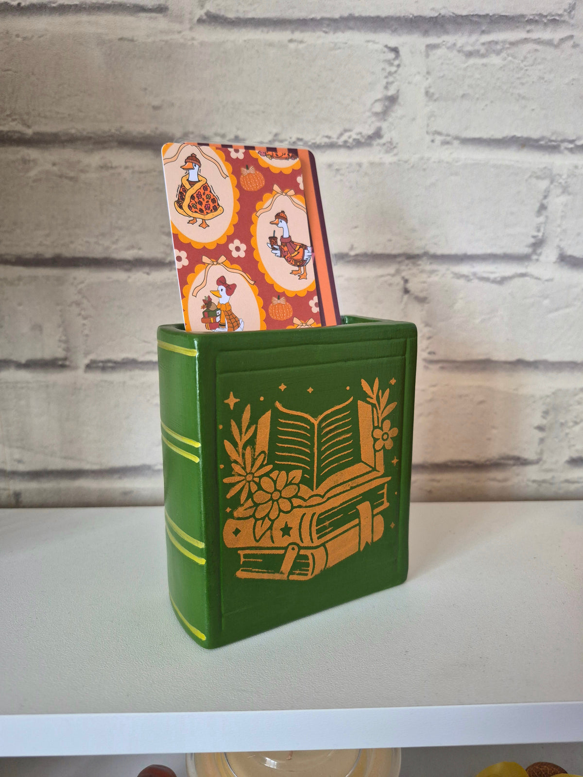 Forest Green bookmark holder with autumnal gold book design - Hand painted
