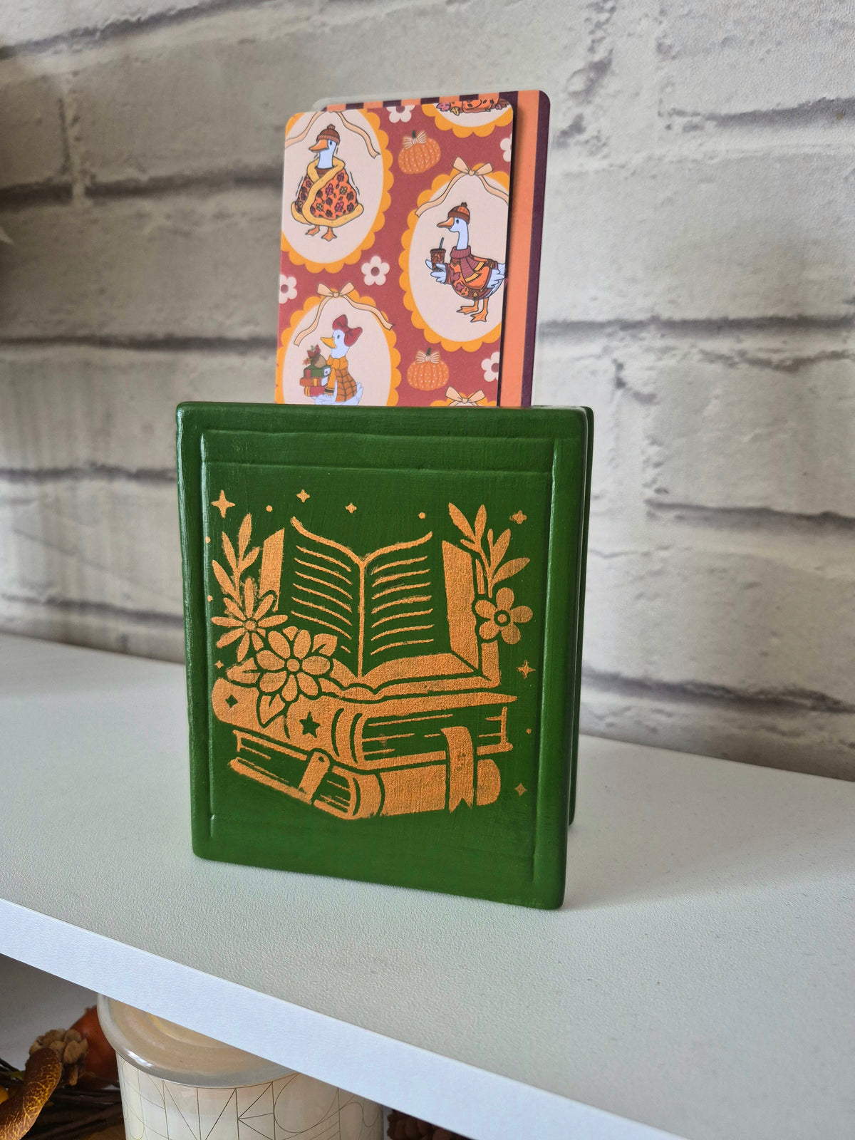 Forest Green bookmark holder with autumnal gold book design - Hand painted