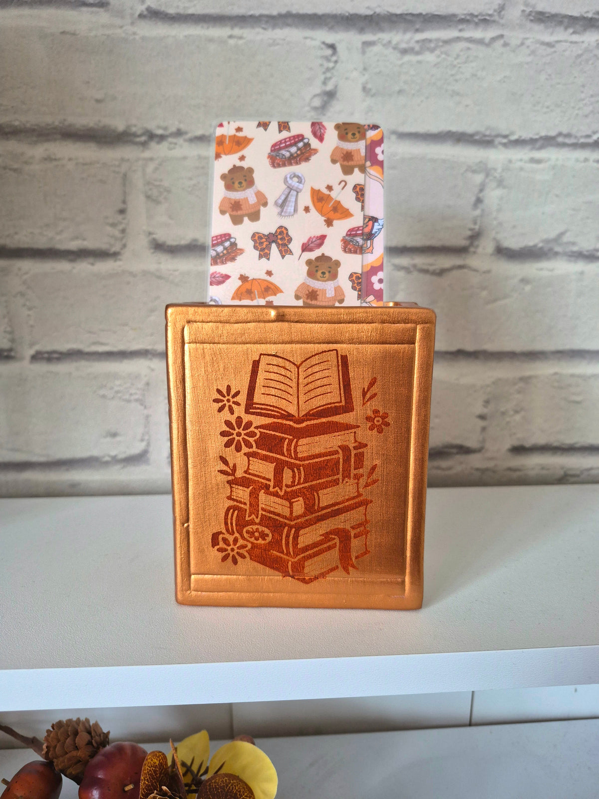 Gold bookmark holder with autumnal brown book design - Hand painted