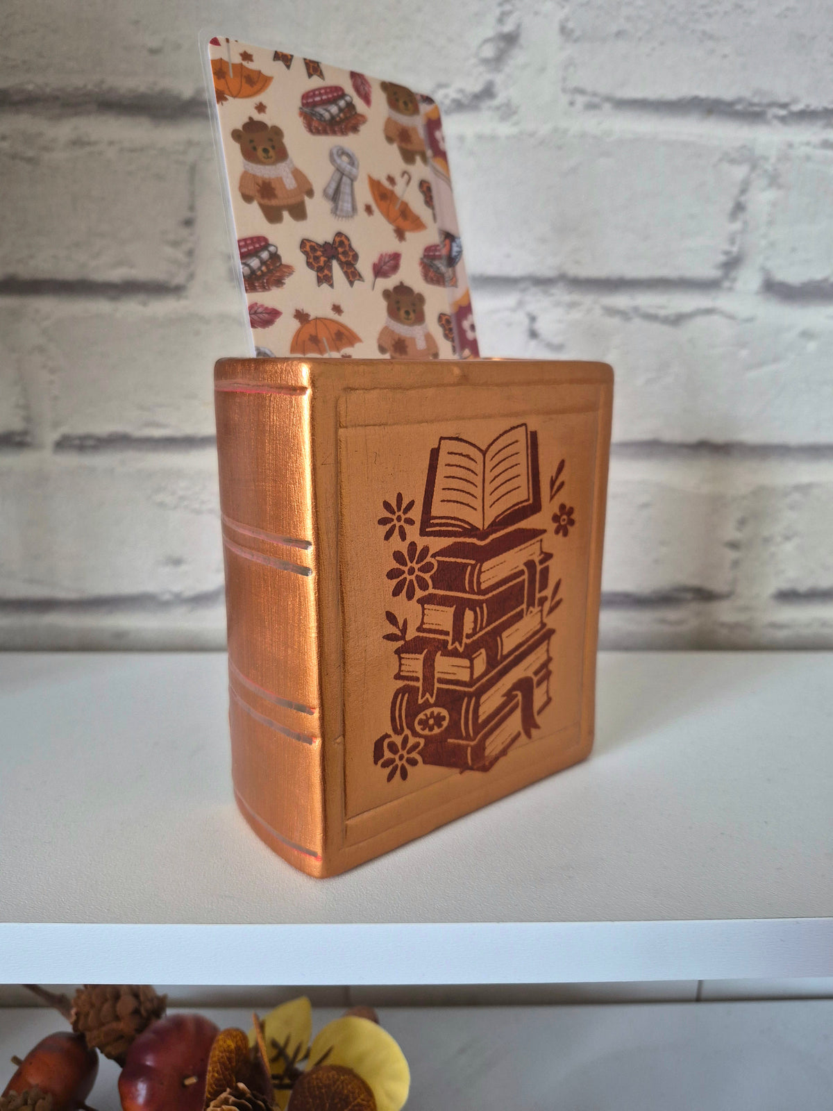 Gold bookmark holder with autumnal brown book design - Hand painted