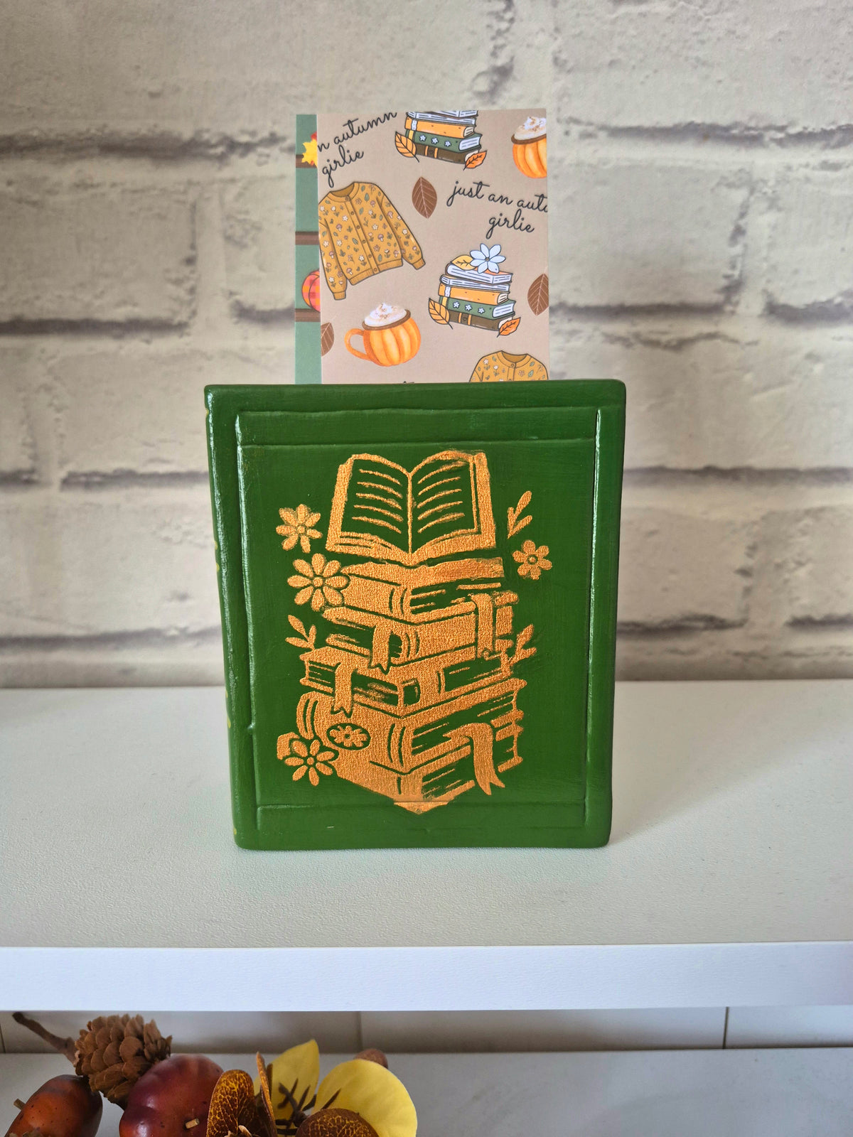 Forest Green bookmark holder with autumnal gold book design - Hand painted