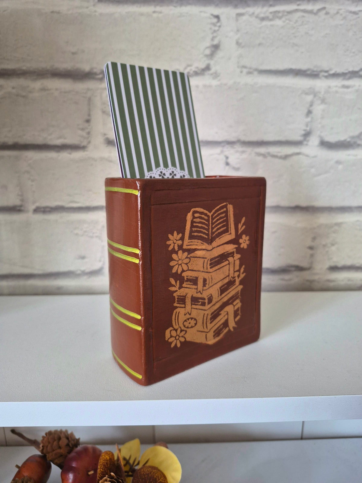 Brown bookmark holder with autumnal gold book design - Hand painted