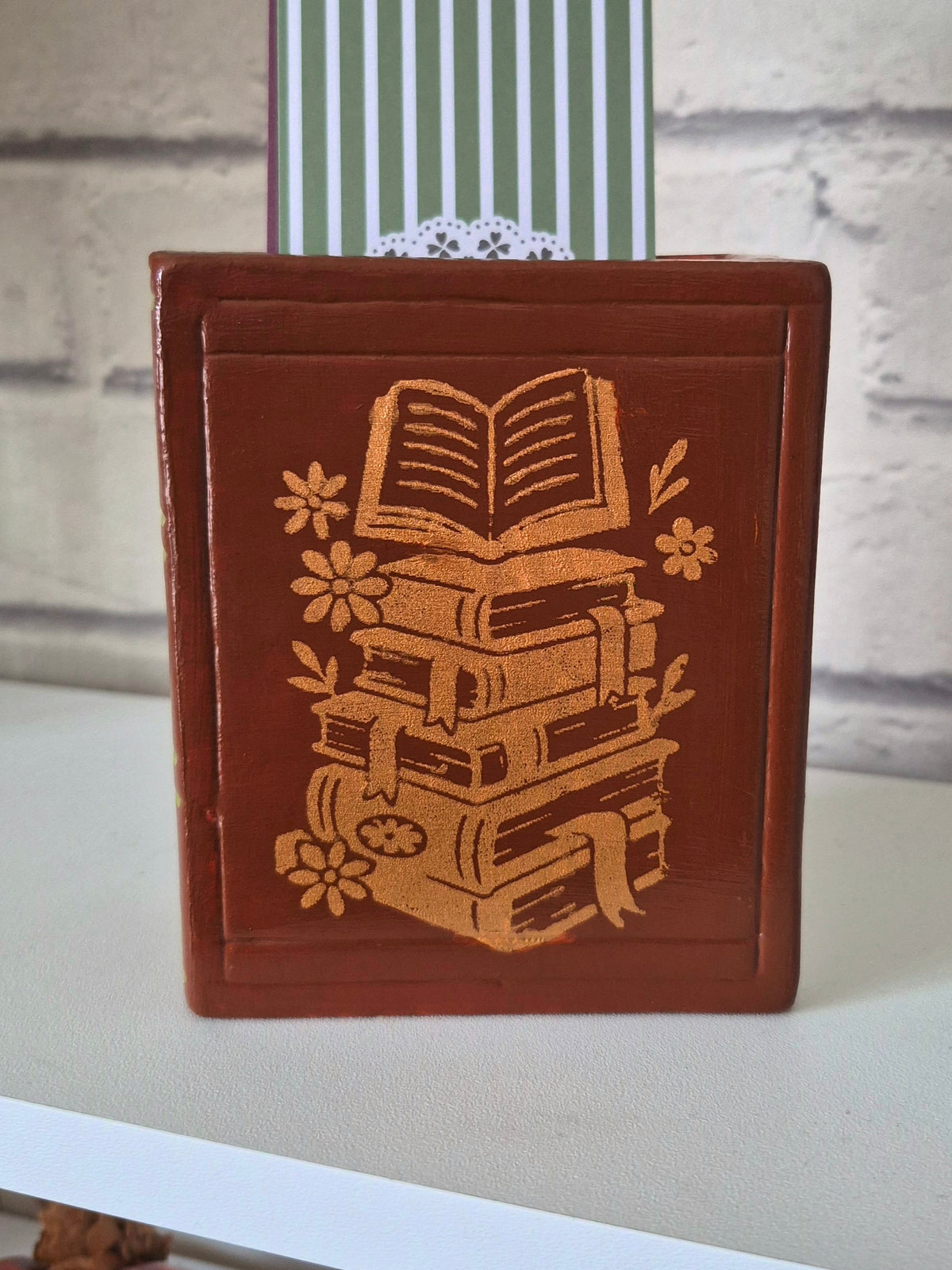 Brown bookmark holder with autumnal gold book design - Hand painted