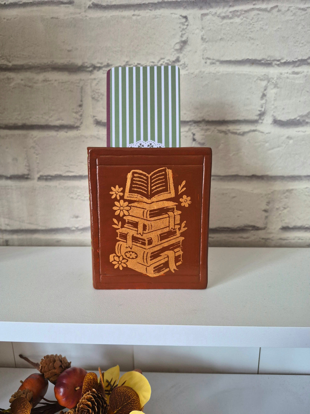 Brown bookmark holder with autumnal gold book design - Hand painted