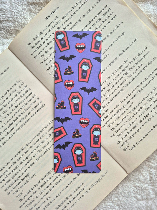 Gothic vampire coffin bookmark: Double-sided print spooky season reading accessory