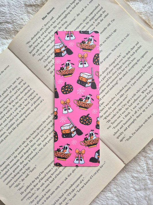 Hot pink Ghost and pumpkins halloween bookmark: Double-sided print