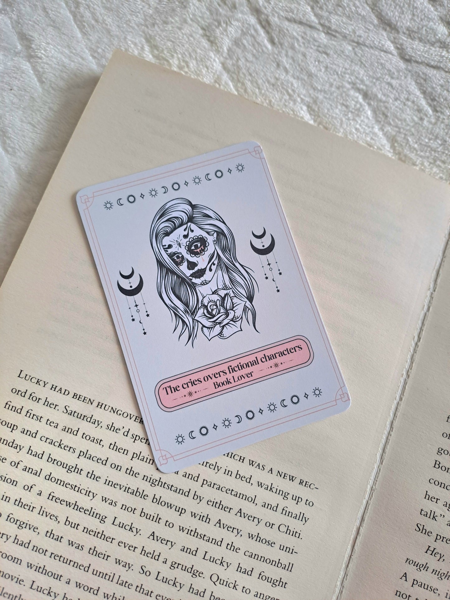 The 'Cries over fictional character's tarot card bookmark - Sugar skull