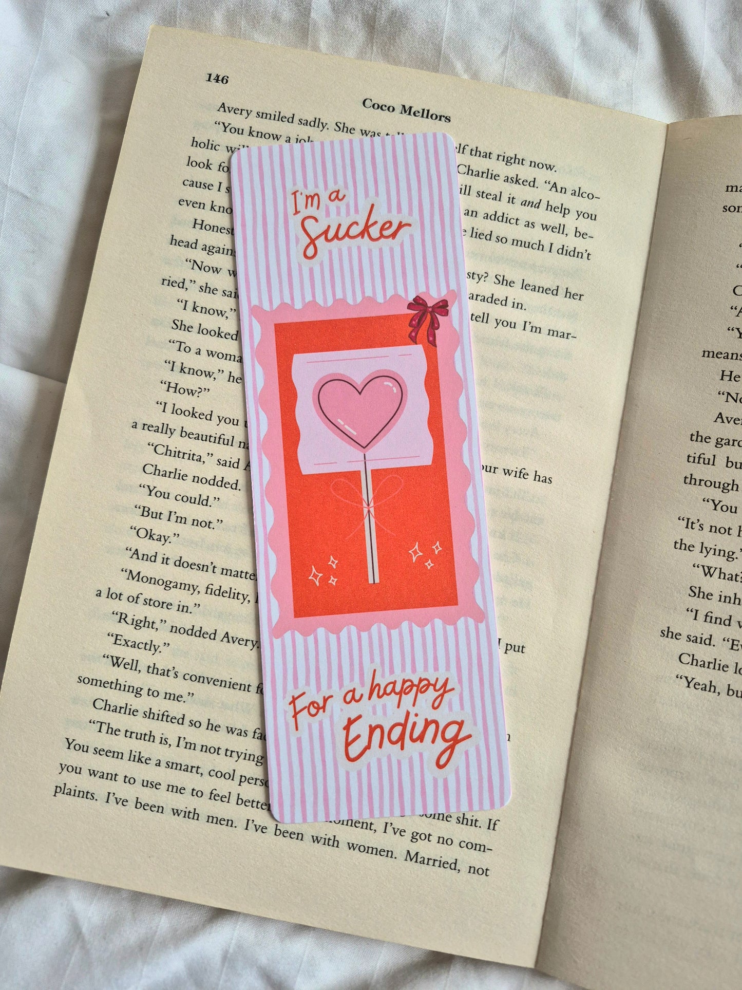 I'm a sucker for a happy ending pink striped bookmark