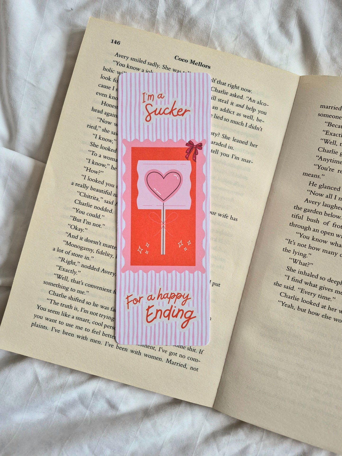 I'm a sucker for a happy ending pink striped bookmark