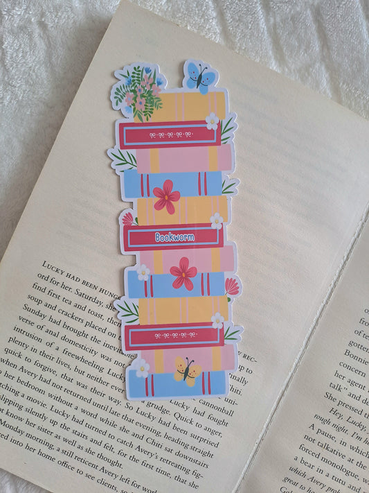 Floral blue and pink bookstack bookmark - Cut out bookmark - Gift for booklover