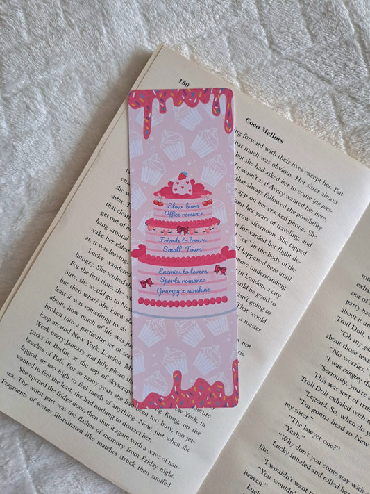 Romance book tropes pink cake bookmark